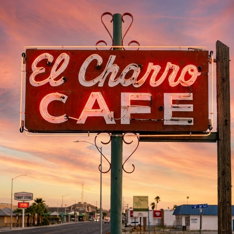 El Charro Cafe neon sign glowing against a vibrant sunset sky over a desert town street.