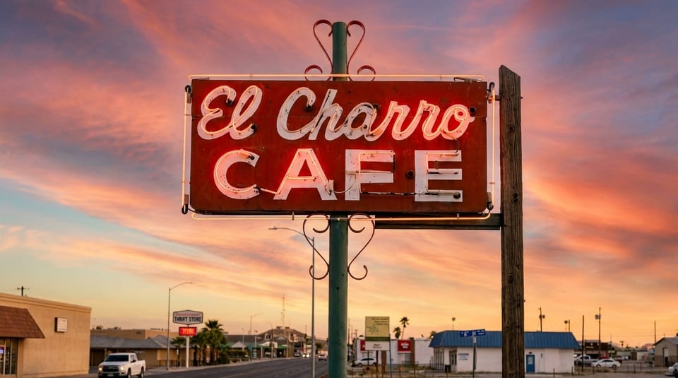El Charro Cafe neon sign glowing against a vibrant sunset sky over a desert town street.