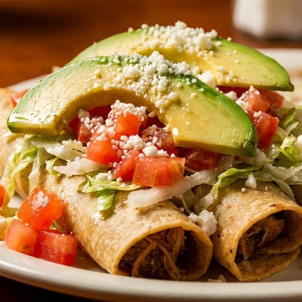 Three golden taquitos topped with lettuce, diced tomatoes, avocado slices, and crumbled cheese, with rice.