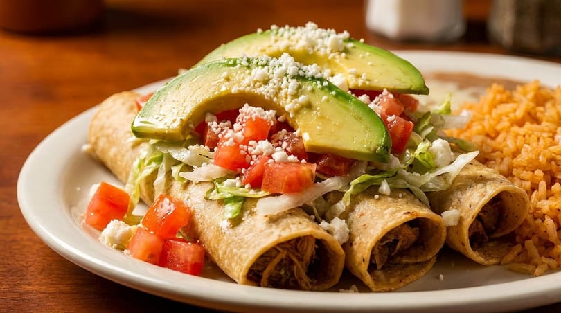 Three golden taquitos topped with lettuce, diced tomatoes, avocado slices, and crumbled cheese, with rice.