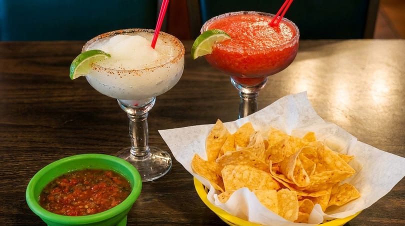 Two frozen margaritas, one white and one red, with a basket of tortilla chips and salsa.