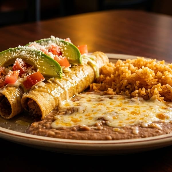 Three enchiladas topped with avocado, tomato, and cheese, served with rice and refried beans.