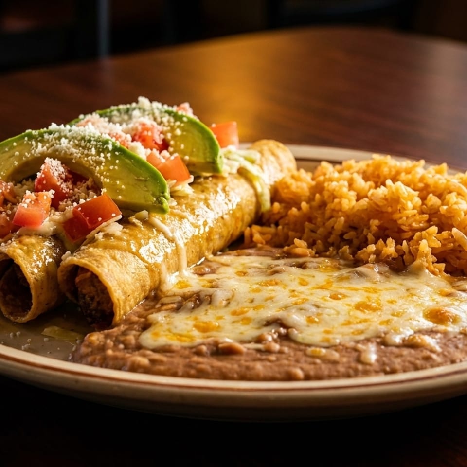 Three enchiladas topped with avocado, tomato, and cheese, served with rice and refried beans.