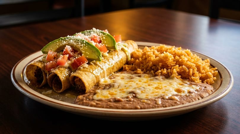 Three enchiladas topped with avocado, tomato, and cheese, served with rice and refried beans.