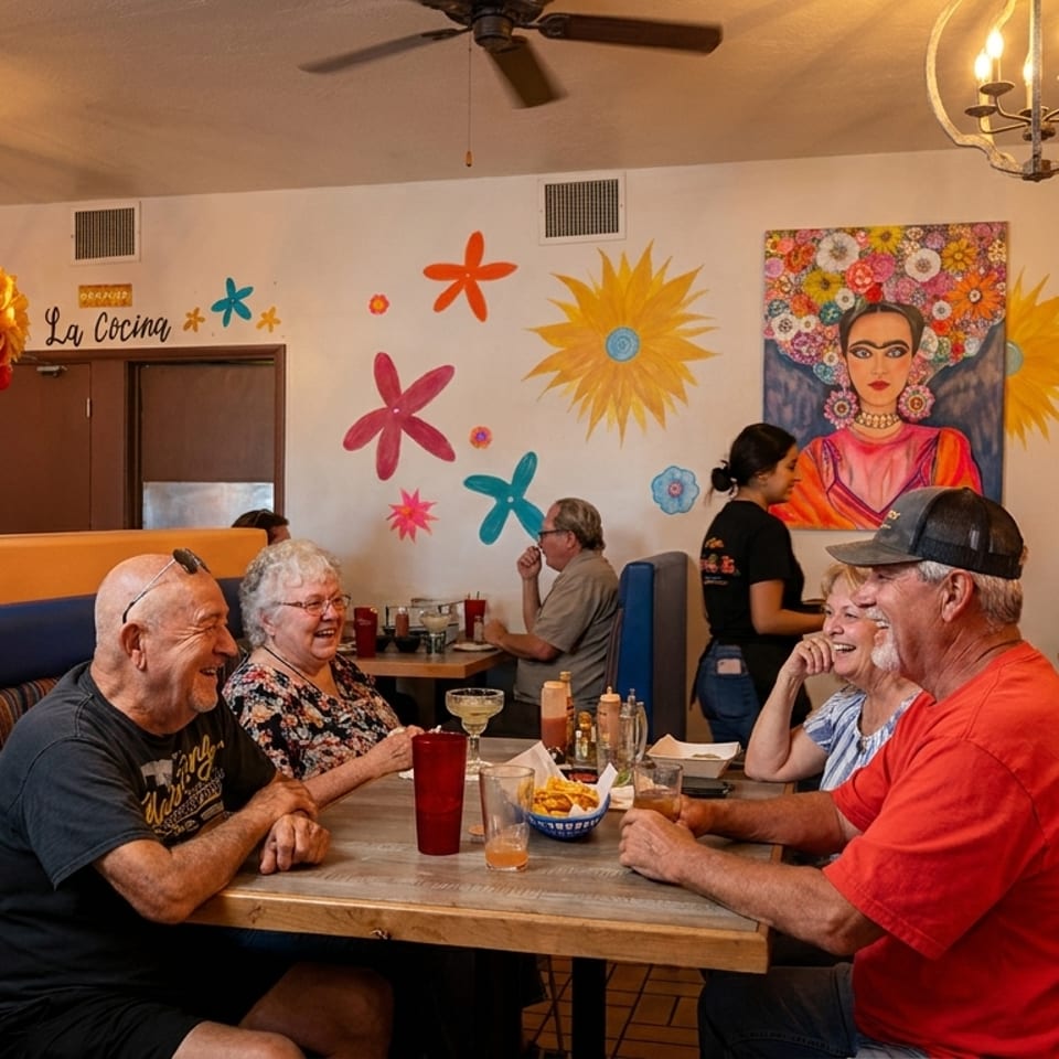 Diners enjoy meals in a vibrant Mexican restaurant with colorful murals and decor.