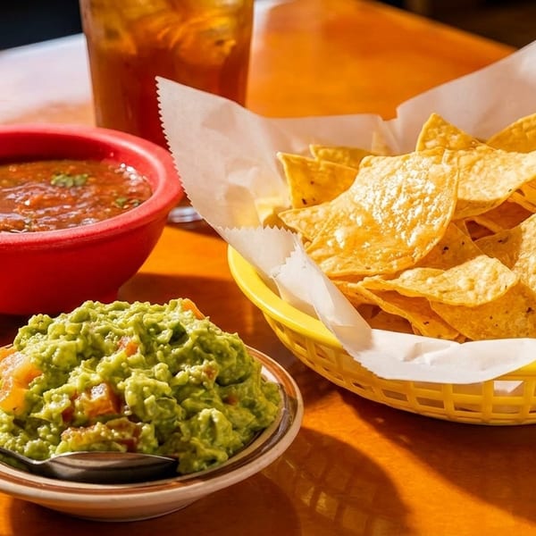 A basket of tortilla chips, a bowl of salsa, and a bowl of guacamole on a wooden table.