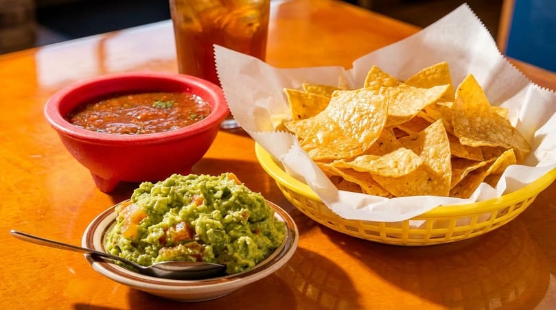 A basket of tortilla chips, a bowl of salsa, and a bowl of guacamole on a wooden table.