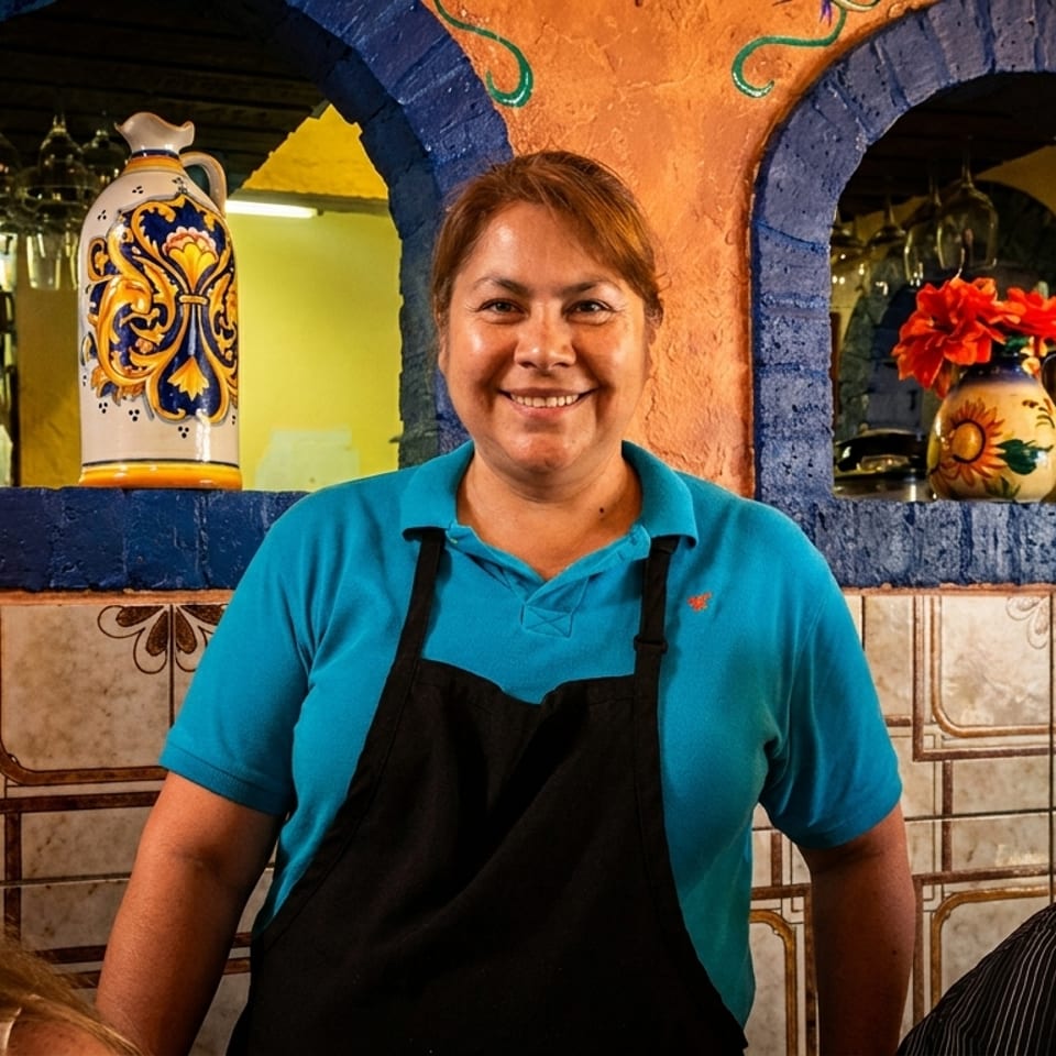 Smiling restaurant worker in a blue shirt and black apron, with colorful decor in the background.