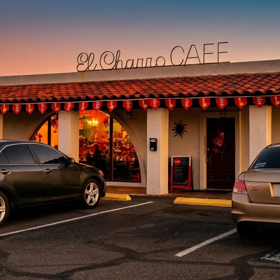 El Charro Cafe exterior at sunset, with cars parked in front of the restaurant.