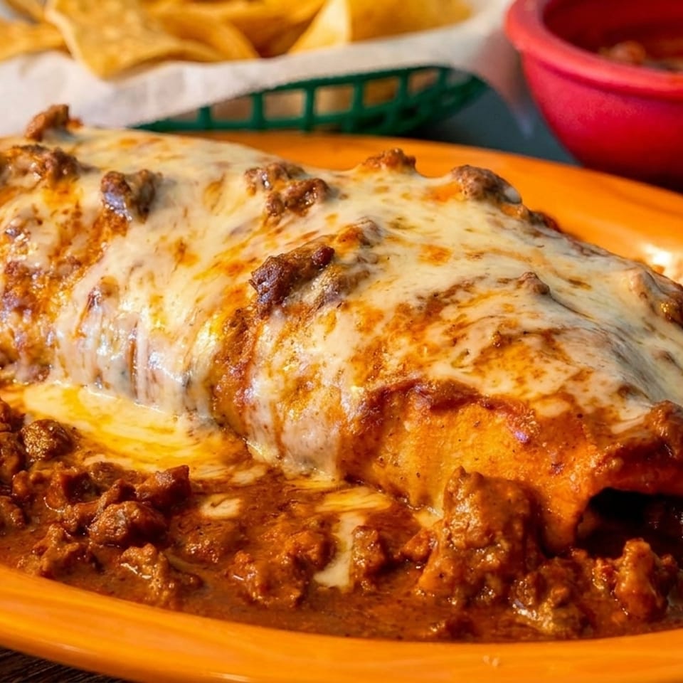 A large, cheesy burrito covered in red sauce and ground beef, served with chips and salsa.