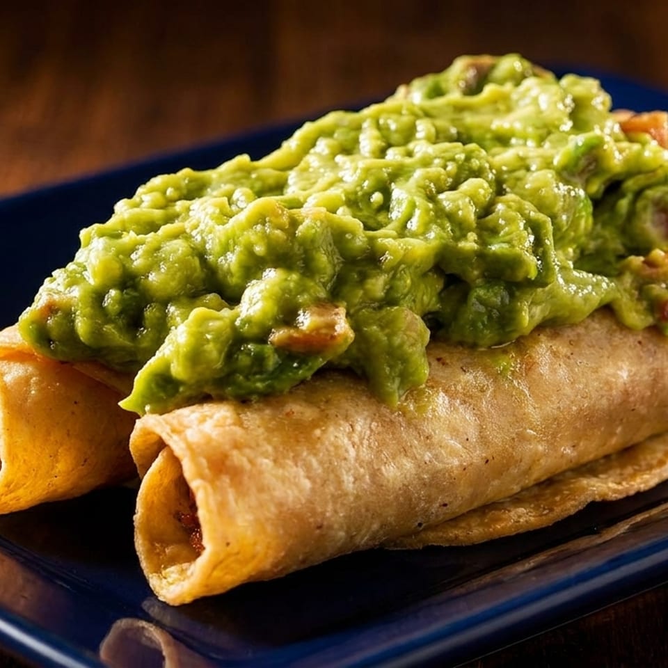 Two golden-brown taquitos topped with a generous serving of chunky guacamole on a dark blue plate.