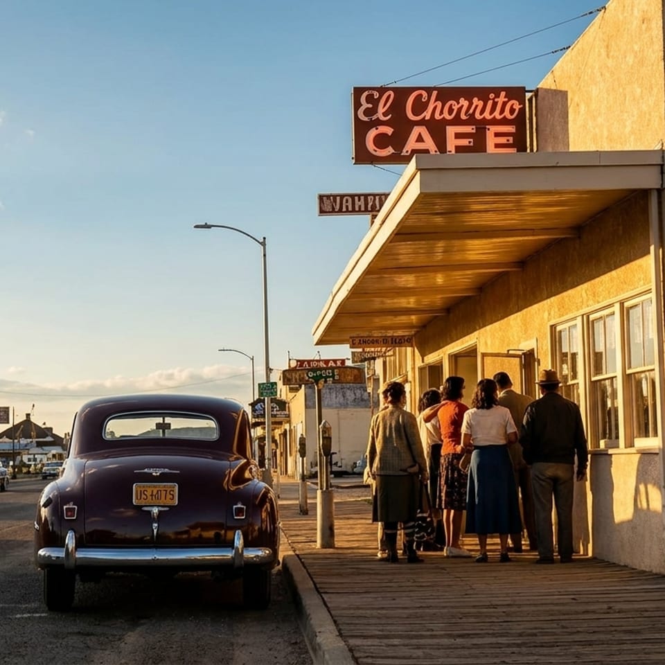 People gather outside El Chorrito Cafe, a vintage building with a classic car parked nearby.